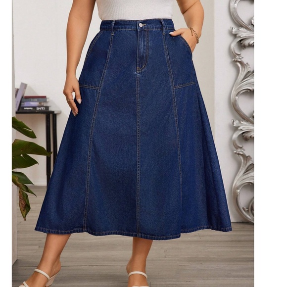 Plus Solid Pockets Minimalist Denim Jeans Midi Skirt - Picture 1 of 8